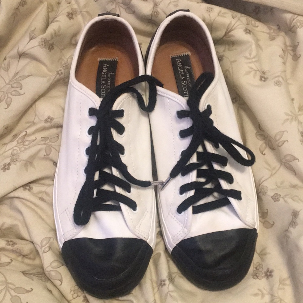 Angela Scott White Leather Sneakers with Black Toe Cap